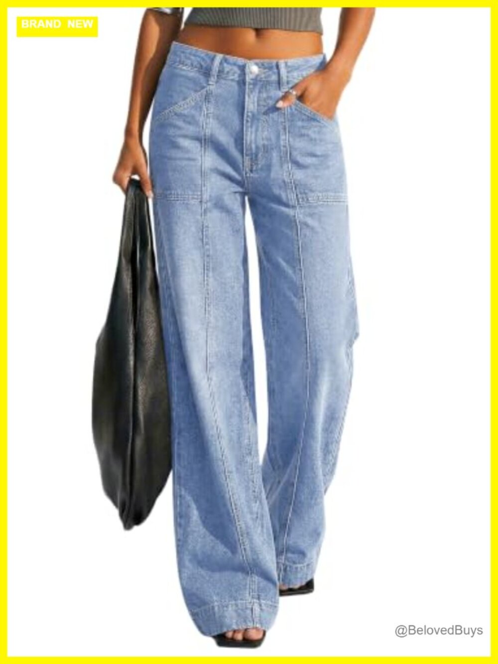 High Waisted Wide Leg Stretchy Straight Leg Baggy Jeans Front Seam Denim Pants - Picture 7 of 7